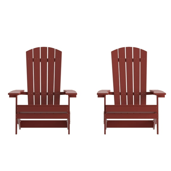 Flash Furniture Charlestown Folding Adirondack Chair - Red - Poly Resin - Indoor/Outdoor - Weather Resistant - Set of 2