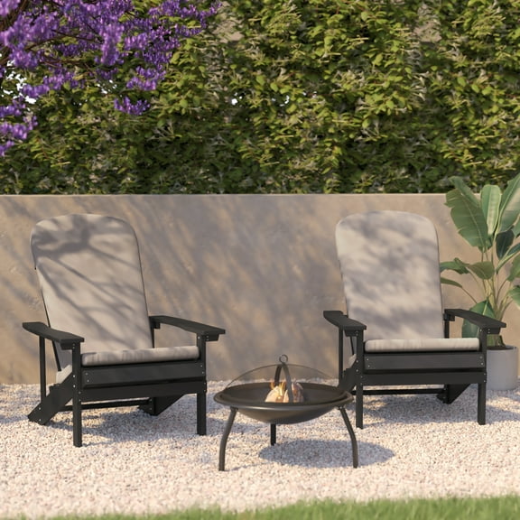 Flash Furniture Charlestown Set of 2 All-Weather Poly Resin Wood Adirondack Chairs in Slate Gray with Cream Cushions for Deck, Porch, and Patio