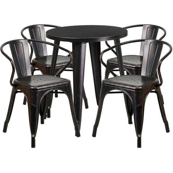 Flash Furniture Chauncey Commercial Grade 24" Round Black-Antique Gold Metal Indoor-Outdoor Table Set with 4 Arm Chairs