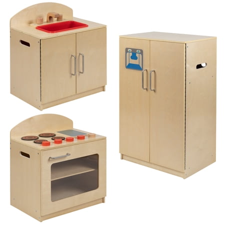 Flash Furniture Children's Wooden Toy Kitchen Set with Pretend Stove, Sink, and Refrigerator
