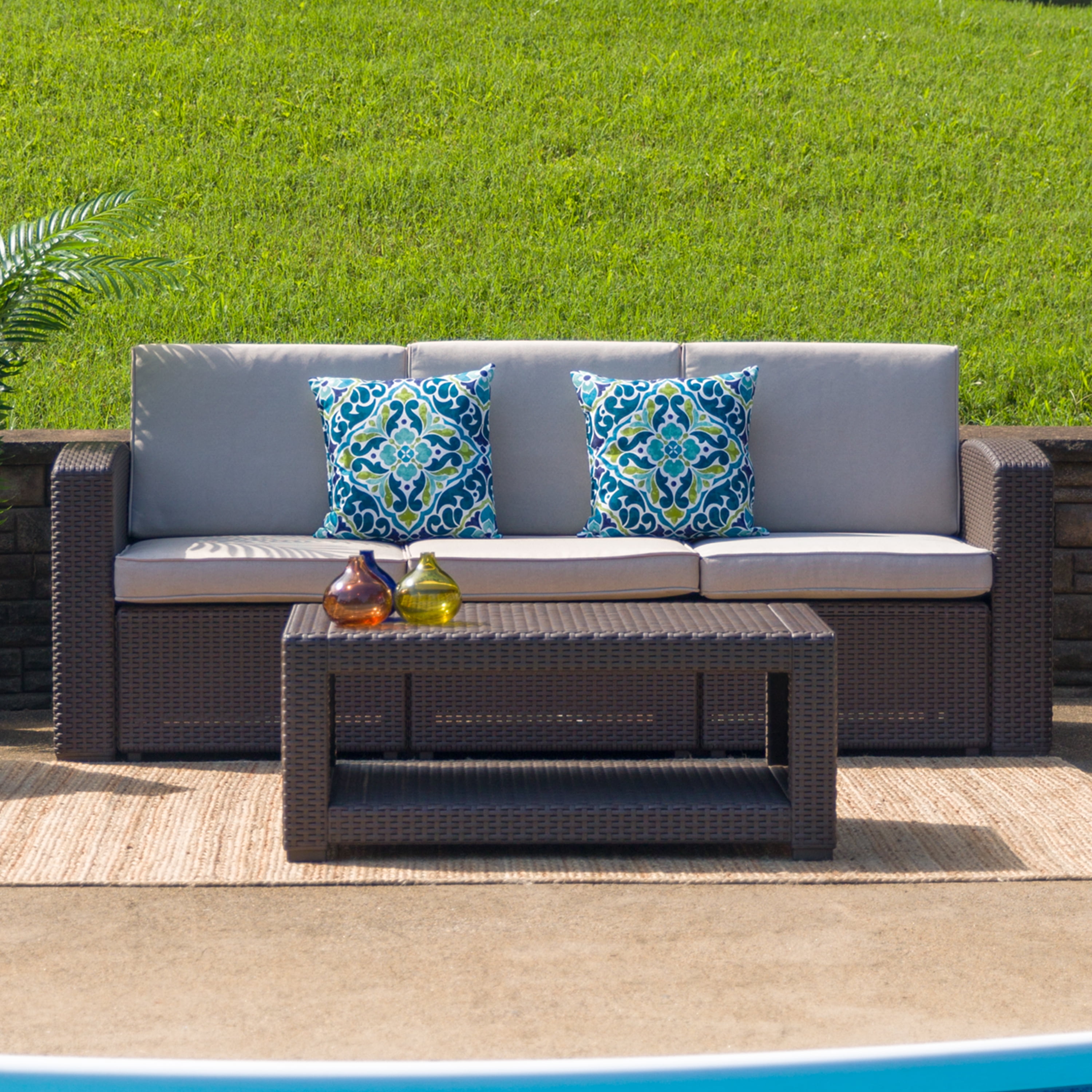 Chocolate Brown Wicker Three-Seat Patio Sectional Sofa