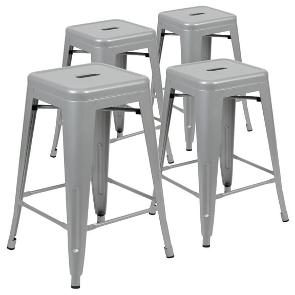Flash Furniture Cierra 24" High Metal Counter-Height, Indoor Bar Stool in Silver - Stackable Set of 4