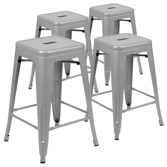 Flash Furniture Cierra 24" High Metal Counter-Height, Indoor Bar Stool in Silver - Stackable Set of 4