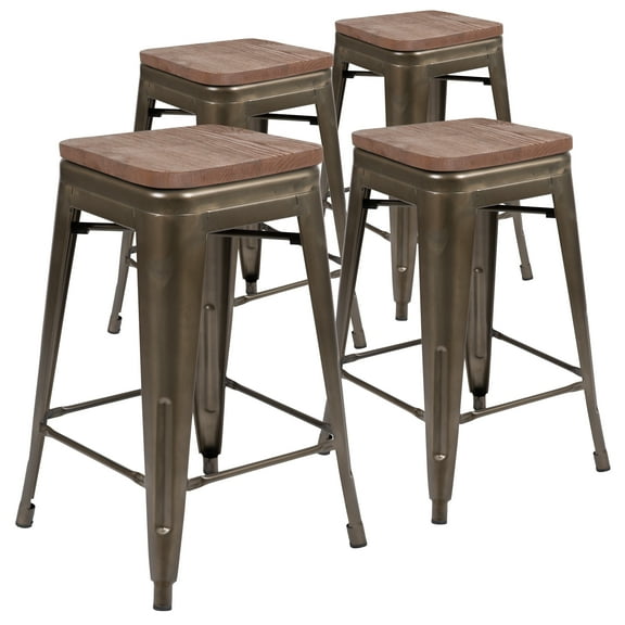 Flash Furniture Cierra 24" High Metal Counter-Height, Indoor Bar Stool with Wood Seat in Gun Metal Gray - Stackable Set of 4
