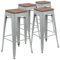 Flash Furniture Cierra 30" High Metal Indoor Bar Stool with Wood Seat in Silver - Stackable Set of 4