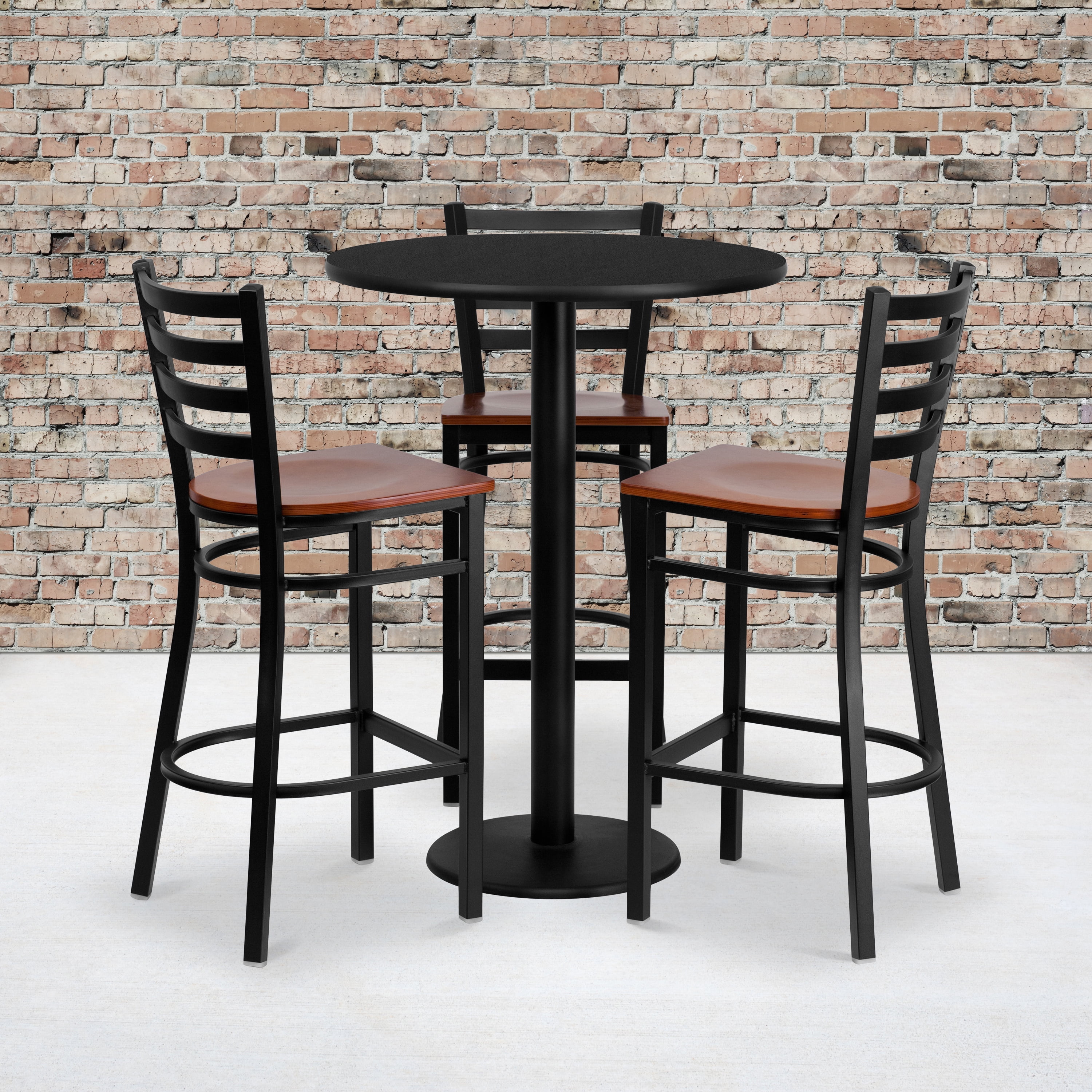 Elegant 42" Black Laminate Pub Table Set with 4 Cherry Wood Metal Barstools
