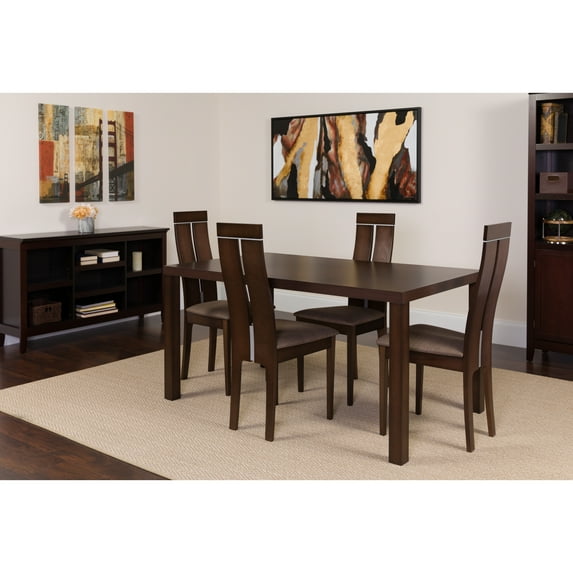 Flash Furniture Clarke 5 Piece Espresso Wood Dining Table Set with Clean Line Wood Dining Chairs - Padded Seats