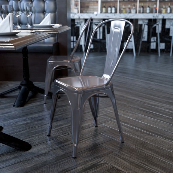 Flash Furniture Lincoln Silver Antique Finish with Clear Coat Metal Indoor Stackable Chair