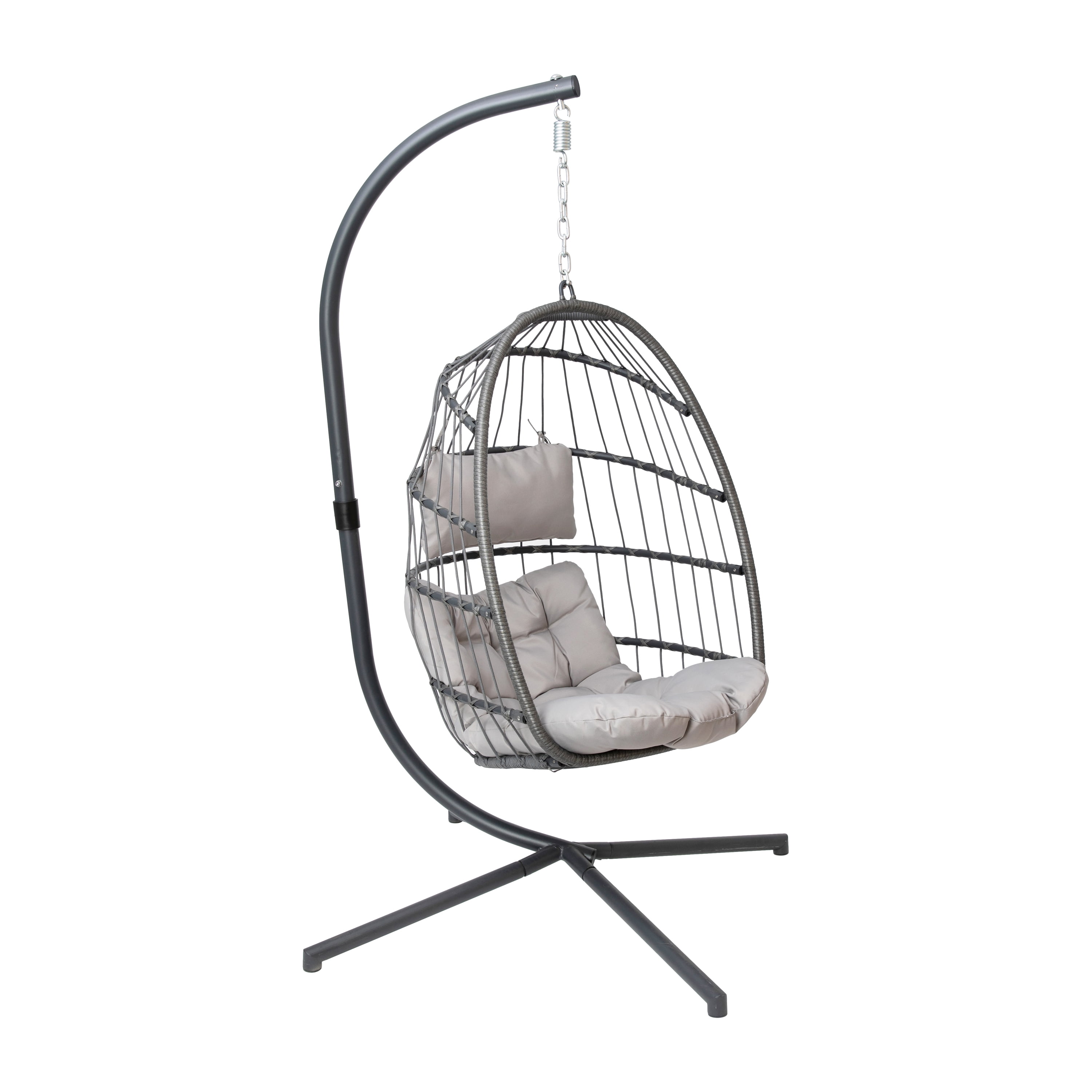 Gray Wicker Hanging Egg Chair with Cushions and Stand