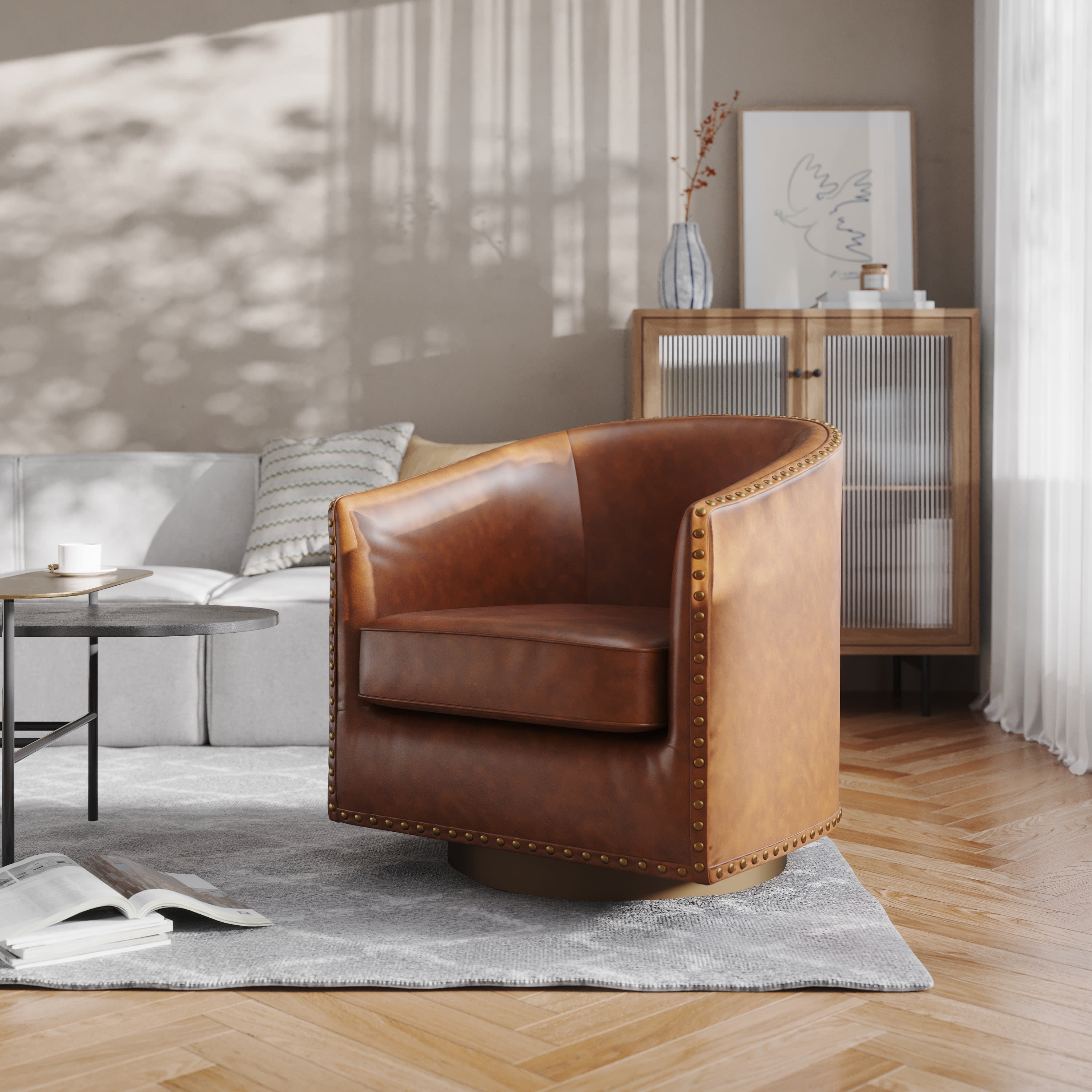 Brown Faux Leather Swivel Barrel Accent Chair with Metal Base