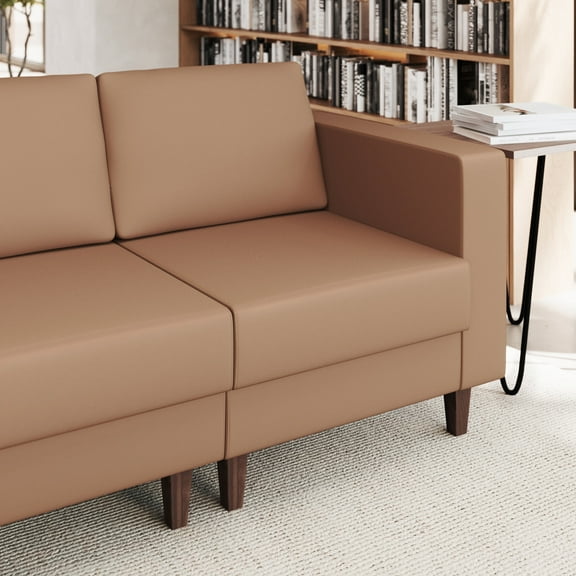 Flash Furniture Cognac LeatherSoft Right Arm Reception Chair, 2 AC Outlets/1 USB/1 USB-C Ports and Wooden Walnut Legs with Adjustable Floor Glides