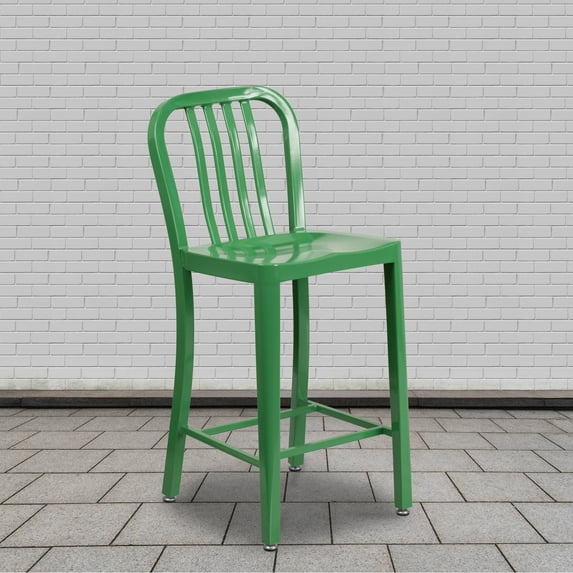 Flash Furniture Commercial Grade 2 Pack 24" High Green Metal Indoor-Outdoor Counter Height Stool with Vertical Slat Back