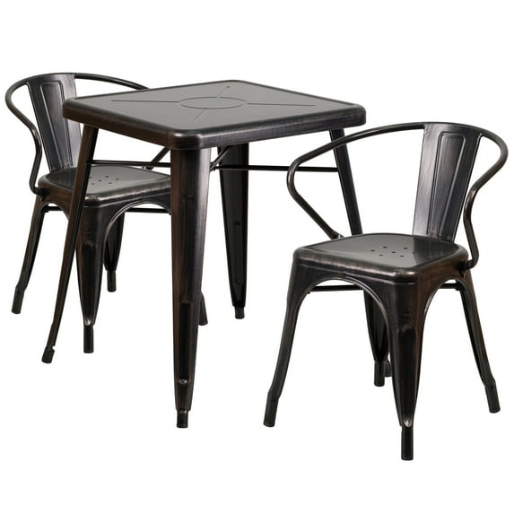 Flash Furniture Owen Commercial Grade 23.75" Square Black-Antique Gold Metal Indoor-Outdoor Table Set with 2 Arm Chairs
