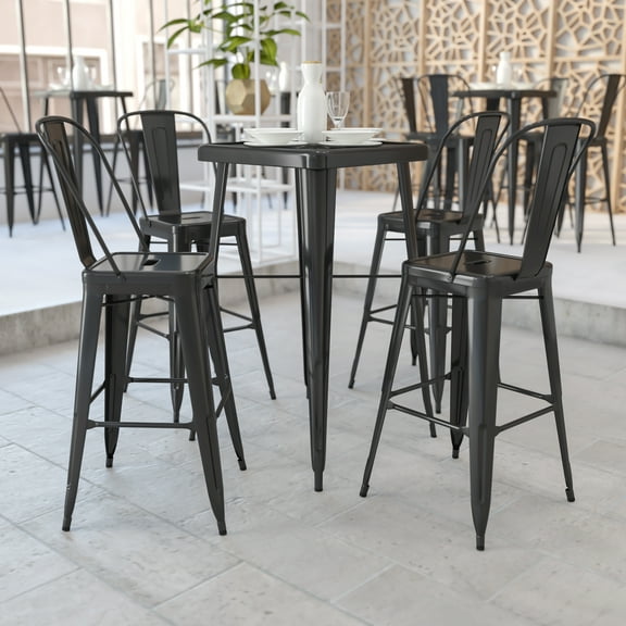 Flash Furniture Commercial Grade 23.75" Square Black Metal Indoor-Outdoor Bar Table Set with 2 Stools with Backs
