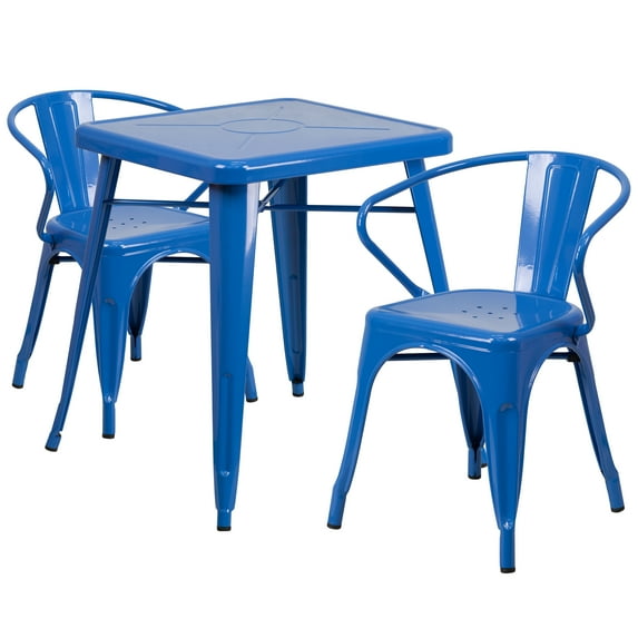 Flash Furniture Commercial Grade 23.75" Square Blue Metal Indoor-Outdoor Table Set with 2 Arm Chairs