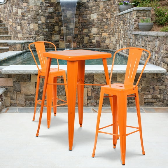 Flash Furniture Commercial Grade 23.75" Square Orange Metal Indoor-Outdoor Bar Table Set with 2 Stools with Backs