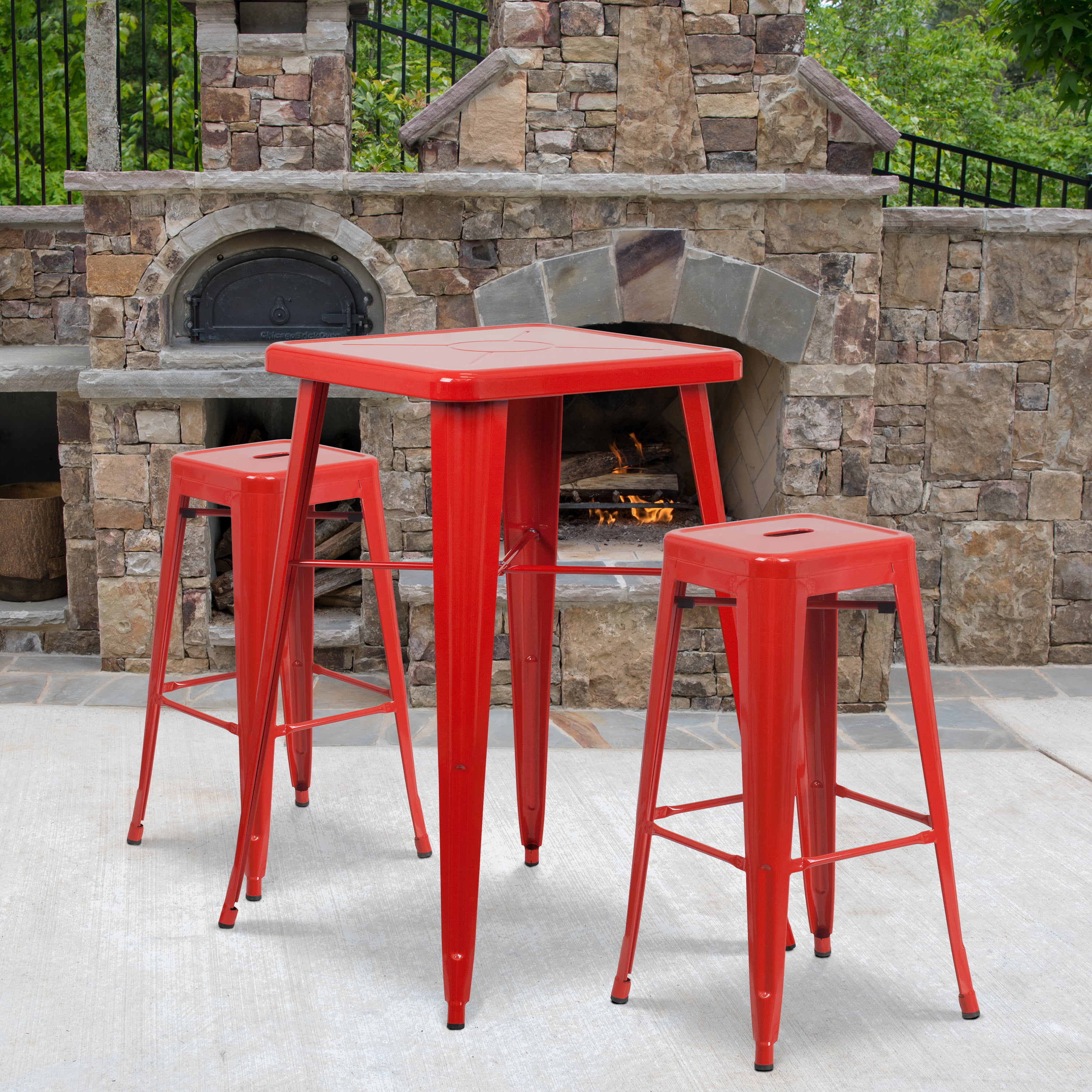 Flash Furniture Commercial Grade 23.75" Square Red Metal Indoor-Outdoor Bar Table Set with 2 Square Seat Backless Stools - image 1 of 5