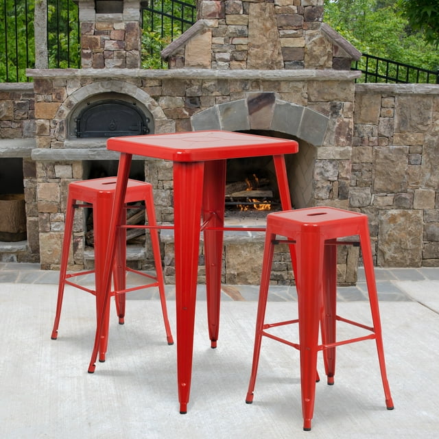 Flash Furniture Commercial Grade 23.75" Square Red Metal Indoor-Outdoor Bar Table Set with 2 Square Seat Backless Stools