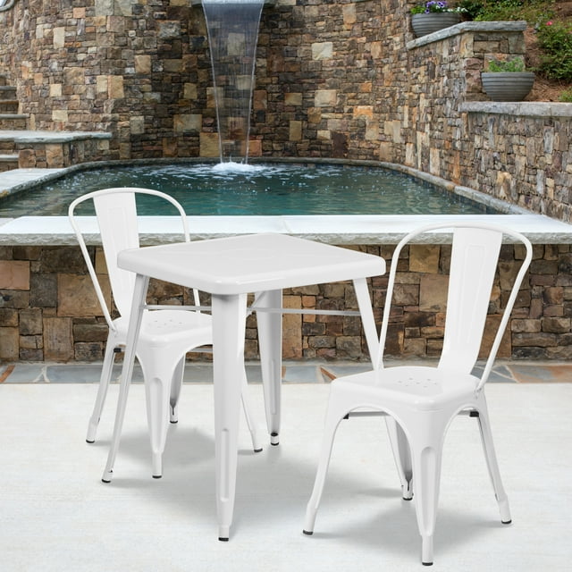 Flash Furniture Commercial Grade 23.75" Square White Metal Indoor-Outdoor Table Set with 2 Stack Chairs