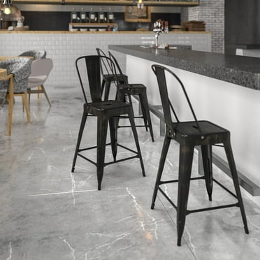 Flash Furniture Commercial Grade 24" High Black-Antique Gold Metal Indoor-Outdoor Counter Height Stool with Removable Back