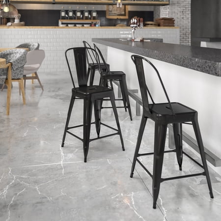 Flash Furniture Commercial Grade 24" High Black Metal Indoor-Outdoor Counter Height Stool with Removable Back
