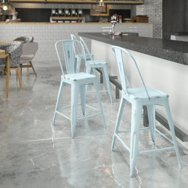 Flash Furniture Commercial Grade 24" High Distressed Green-Blue Metal Indoor-Outdoor Counter Height Stool with Back