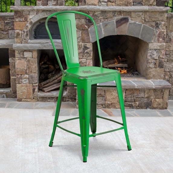 Flash Furniture Commercial Grade 24" High Distressed Green Metal Indoor-Outdoor Counter Height Stool with Back