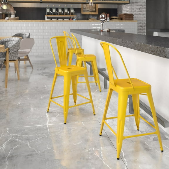 Flash Furniture Commercial Grade 24" High Yellow Metal Indoor-Outdoor Counter Height Stool with Removable Back