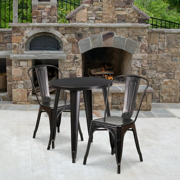 Flash Furniture Commercial Grade 24" Round Black-Antique Gold Metal Indoor-Outdoor Table Set with 2 Cafe Chairs