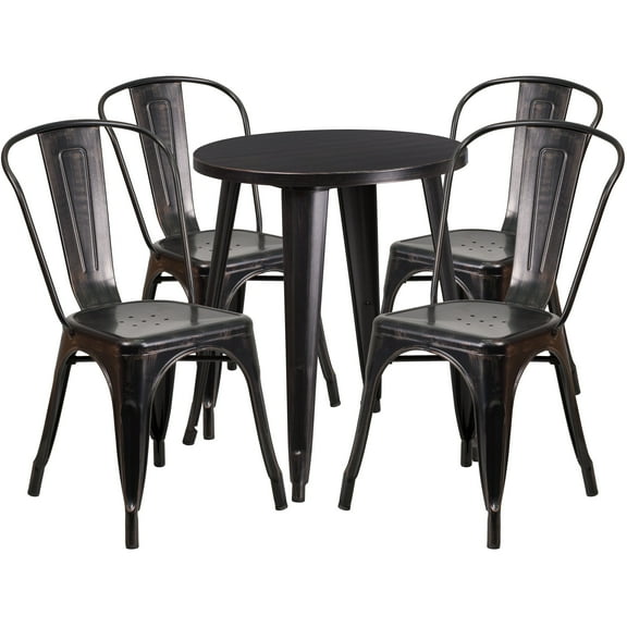Flash Furniture Commercial Grade 24" Round Black-Antique Gold Metal Indoor-Outdoor Table Set with 4 Cafe Chairs