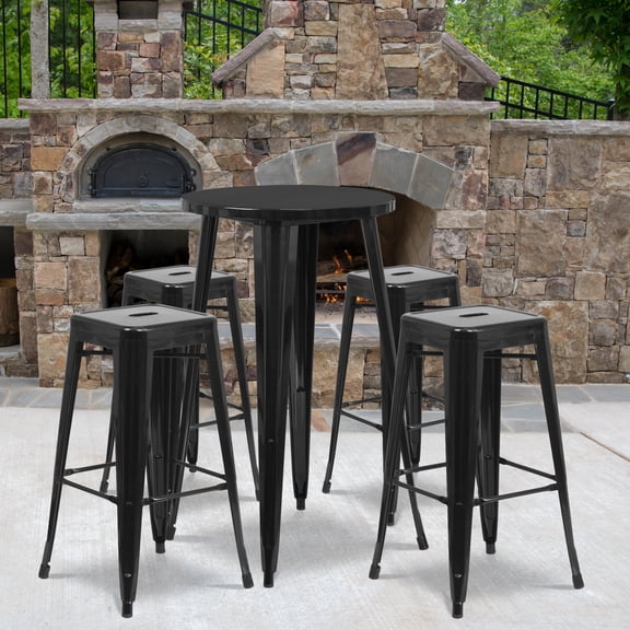 Flash Furniture Commercial Grade 24" Round Black Metal Indoor-Outdoor Bar Table Set with 4 Square Seat Backless Stools