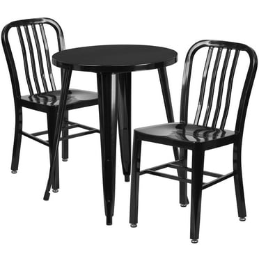 Flash Furniture Commercial Grade 24" Round Black Metal Indoor-Outdoor Table Set with 2 Vertical Slat Back Chairs