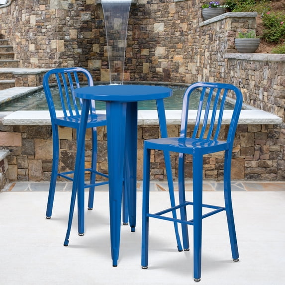 Flash Furniture Commercial Grade 24" Round Blue Metal Indoor-Outdoor Bar Table Set with 2 Vertical Slat Back Stools