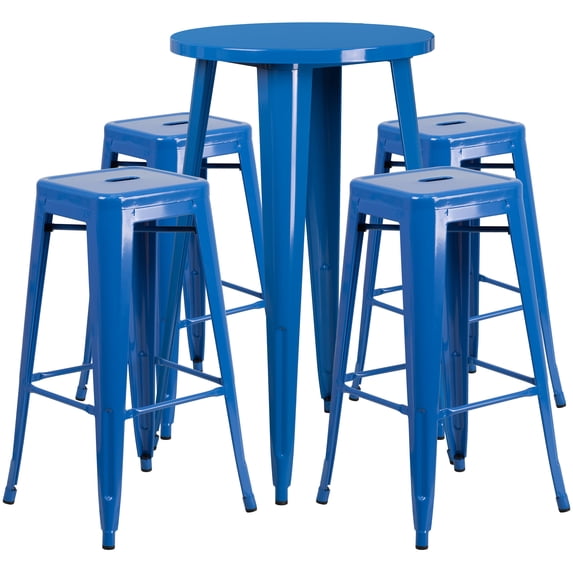 Flash Furniture Commercial Grade 24" Round Blue Metal Indoor-Outdoor Bar Table Set with 4 Square Seat Backless Stools
