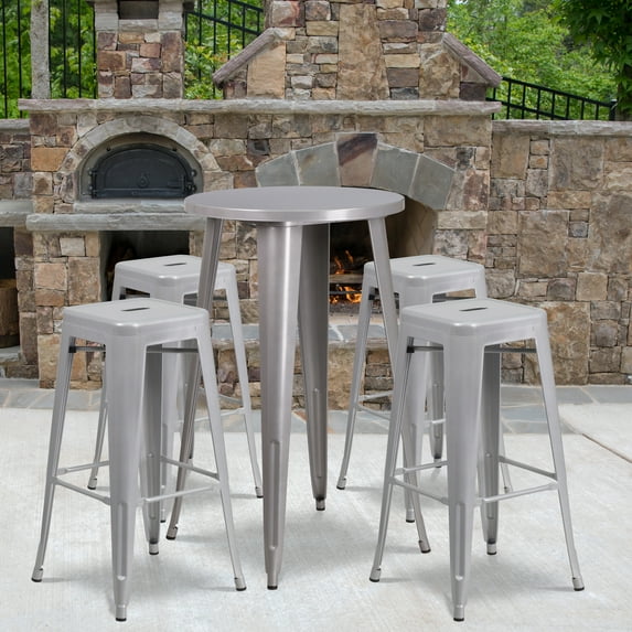 Flash Furniture Commercial Grade 24" Round Silver Metal Indoor-Outdoor Bar Table Set with 4 Square Seat Backless Stools