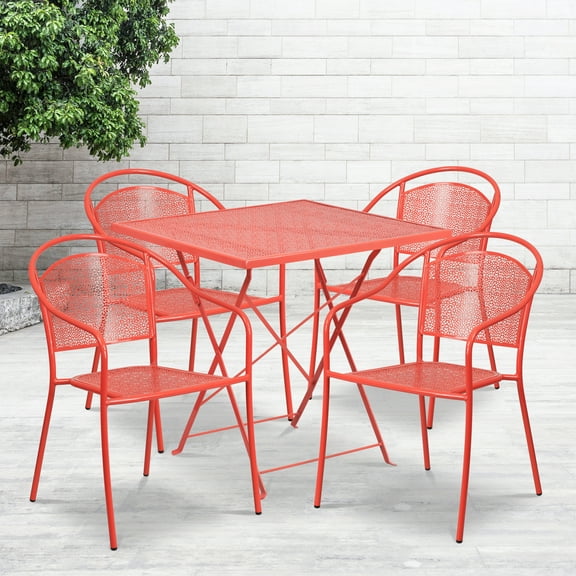 Flash Furniture Commercial Grade 28" Square Coral Indoor-Outdoor Steel Folding Patio Table Set with 4 Round Back Chairs