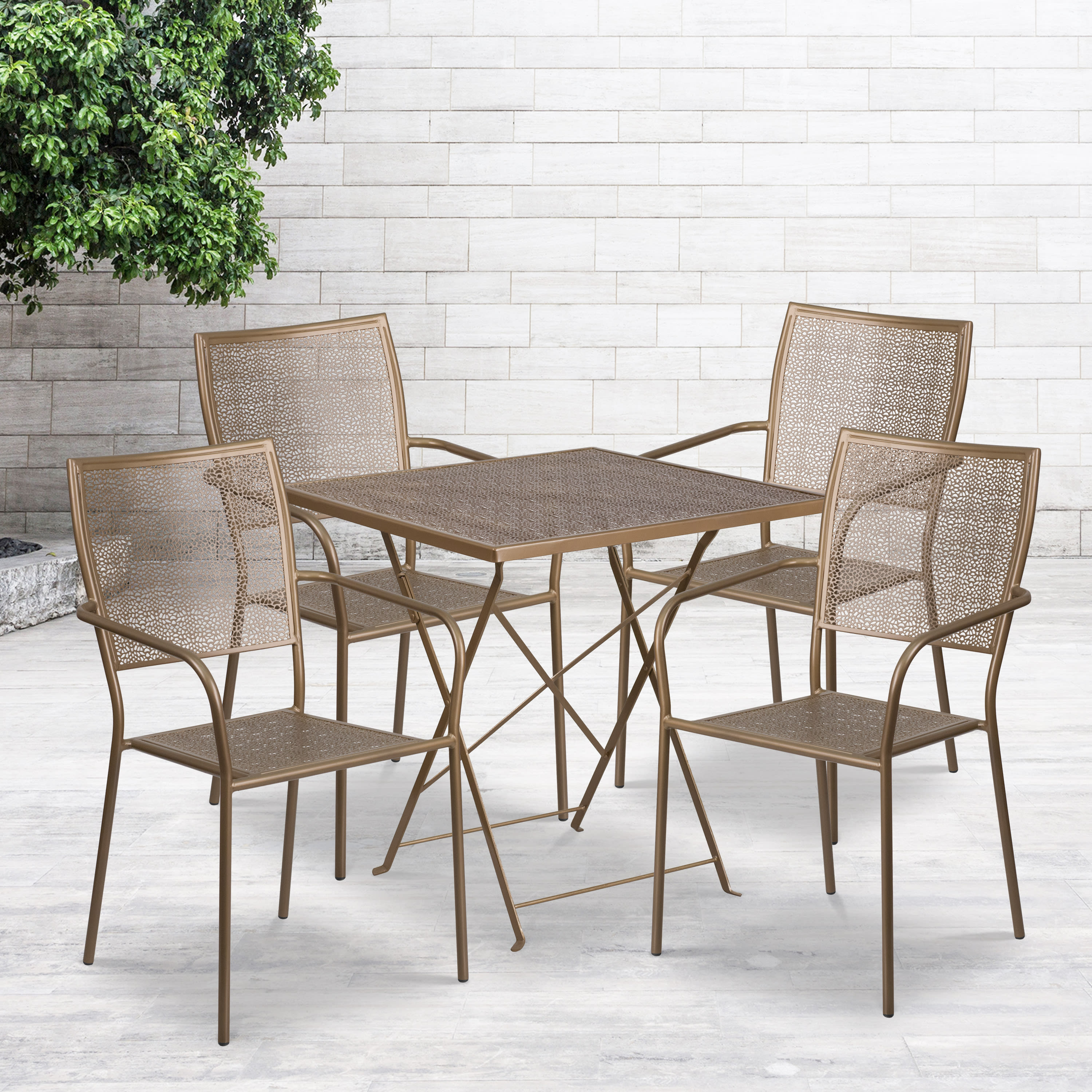 Flash Furniture Commercial Grade 28" Square Gold Indoor-Outdoor Steel Folding Patio Table Set with 4 Square Back Chairs - image 1 of 5