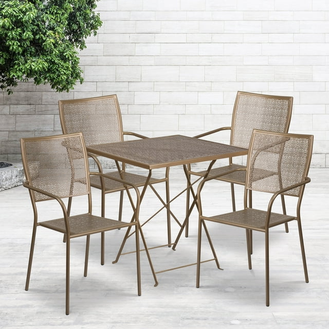 Flash Furniture Commercial Grade 28" Square Gold Indoor-Outdoor Steel Folding Patio Table Set with 4 Square Back Chairs