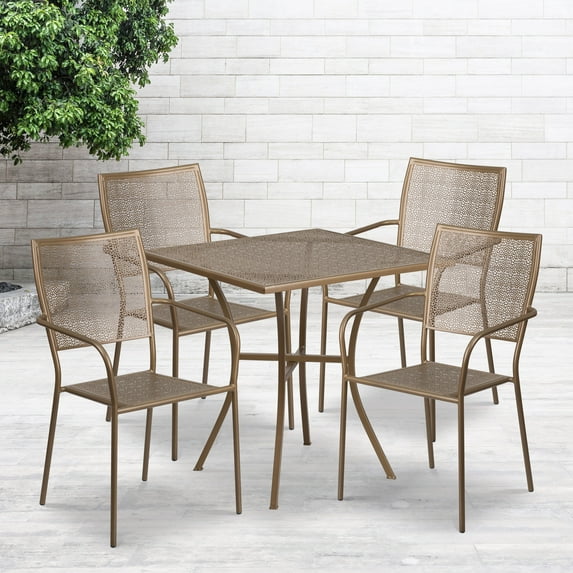 Flash Furniture Commercial Grade 28" Square Gold Indoor-Outdoor Steel Patio Table Set with 4 Square Back Chairs