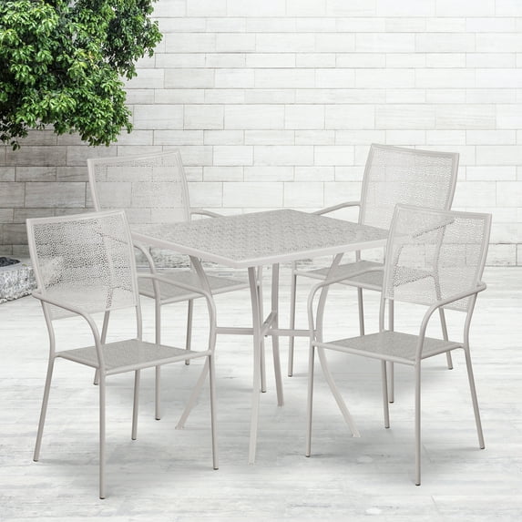 Flash Furniture Commercial Grade 28" Square Light Gray Indoor-Outdoor Steel Patio Table Set with 4 Square Back Chairs