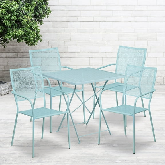Flash Furniture Commercial Grade 28" Square Sky Blue Indoor-Outdoor Steel Folding Patio Table Set with 4 Square Back Chairs