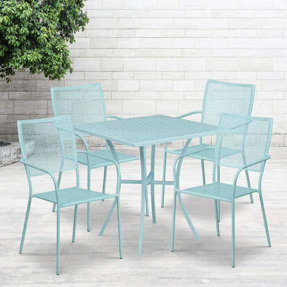 Flash Furniture Commercial Grade 28" Square Sky Blue Indoor-Outdoor Steel Patio Table Set with 4 Square Back Chairs