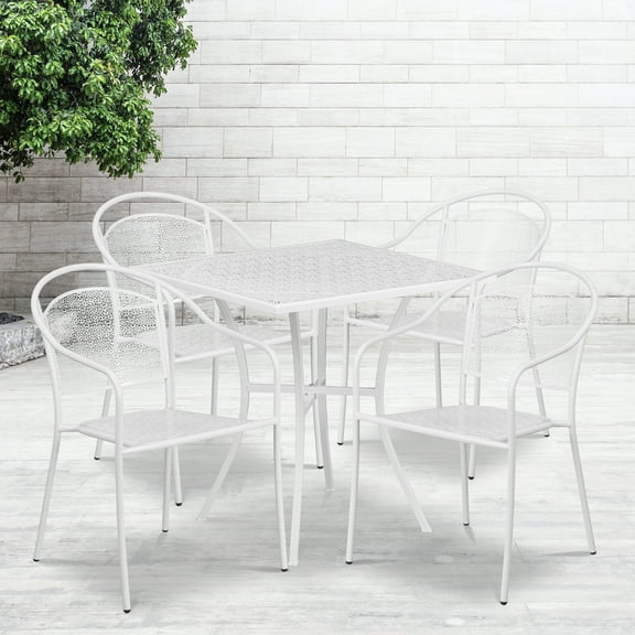Flash Furniture Commercial Grade 28" Square White Indoor-Outdoor Steel Patio Table Set with 4 Round Back Chairs