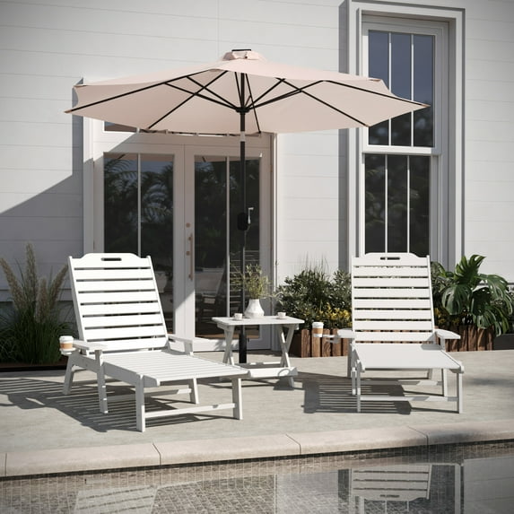 Flash Furniture Commercial Grade 3-Piece Indoor/Outdoor Adirondack Set with 2 Adjustable HDPE Loungers with Cup Holders and Folding Side Table in White