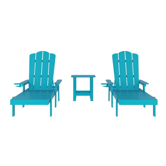 Flash Furniture Commercial Grade 3 Piece Indoor/Outdoor Adirondack Set with 2 Adjustable HDPE Loungers with Cup Holders and 2-Tier Side Table in Blue