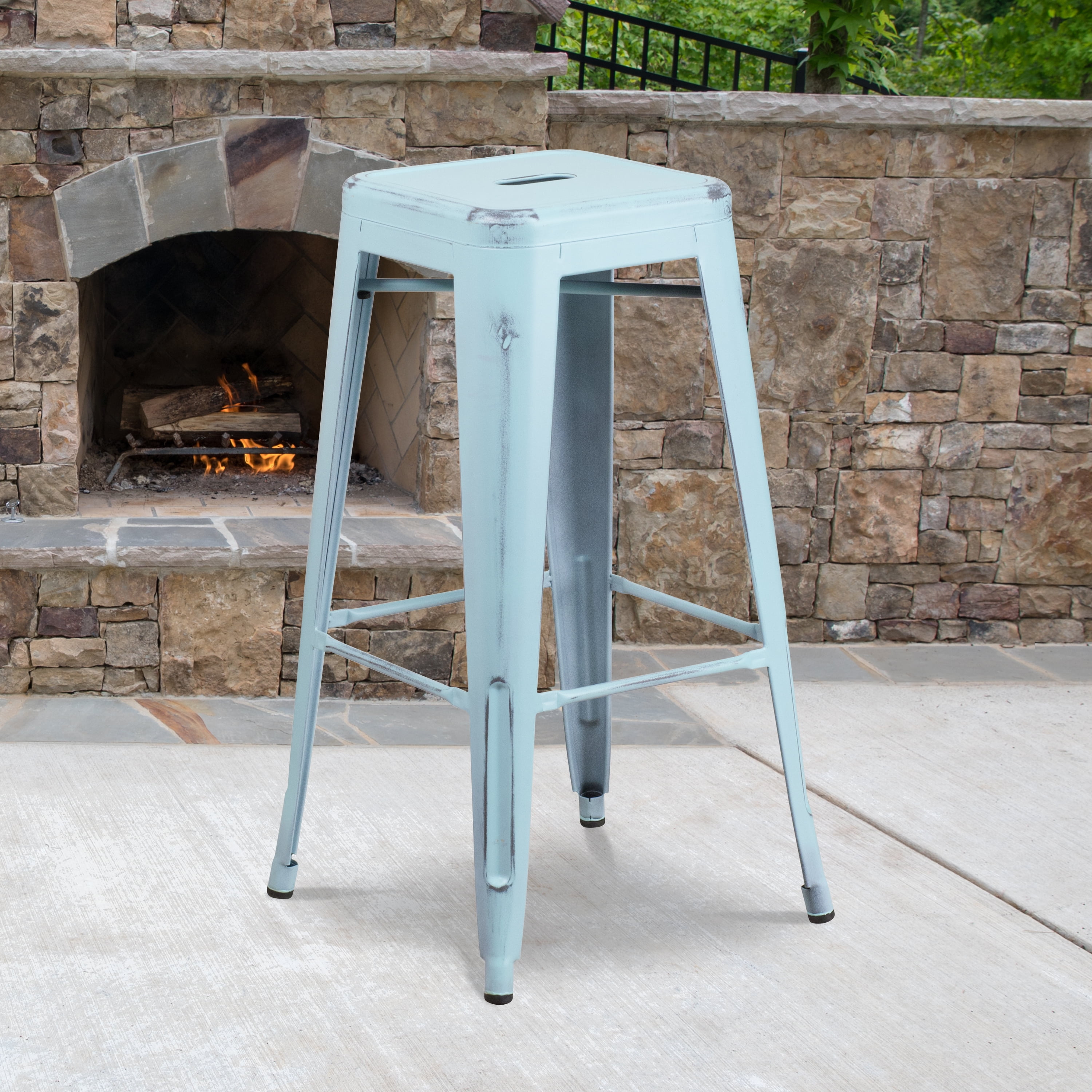 30" Distressed Green-Blue Metal Backless Bar Stool