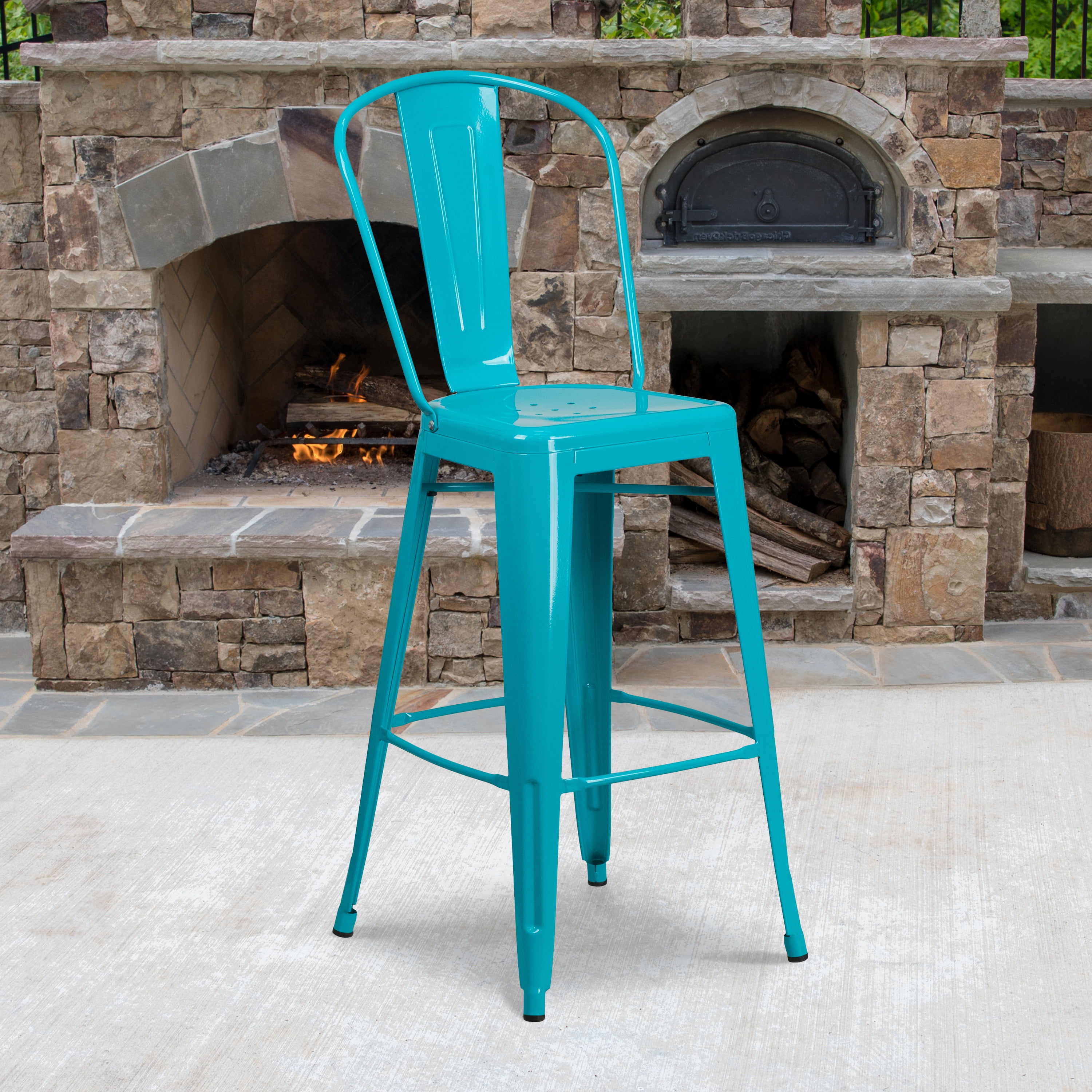 Crystal Teal-Blue Metal Indoor-Outdoor Barstool with Back