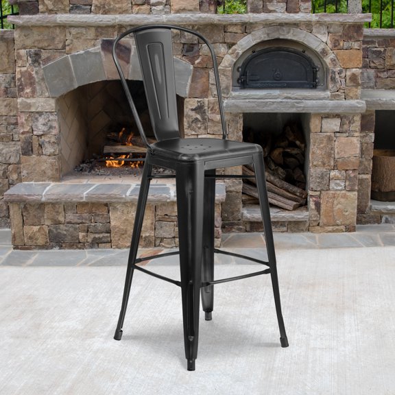 Flash Furniture Commercial Grade 30" High Distressed Black Metal Indoor-Outdoor Barstool with Back