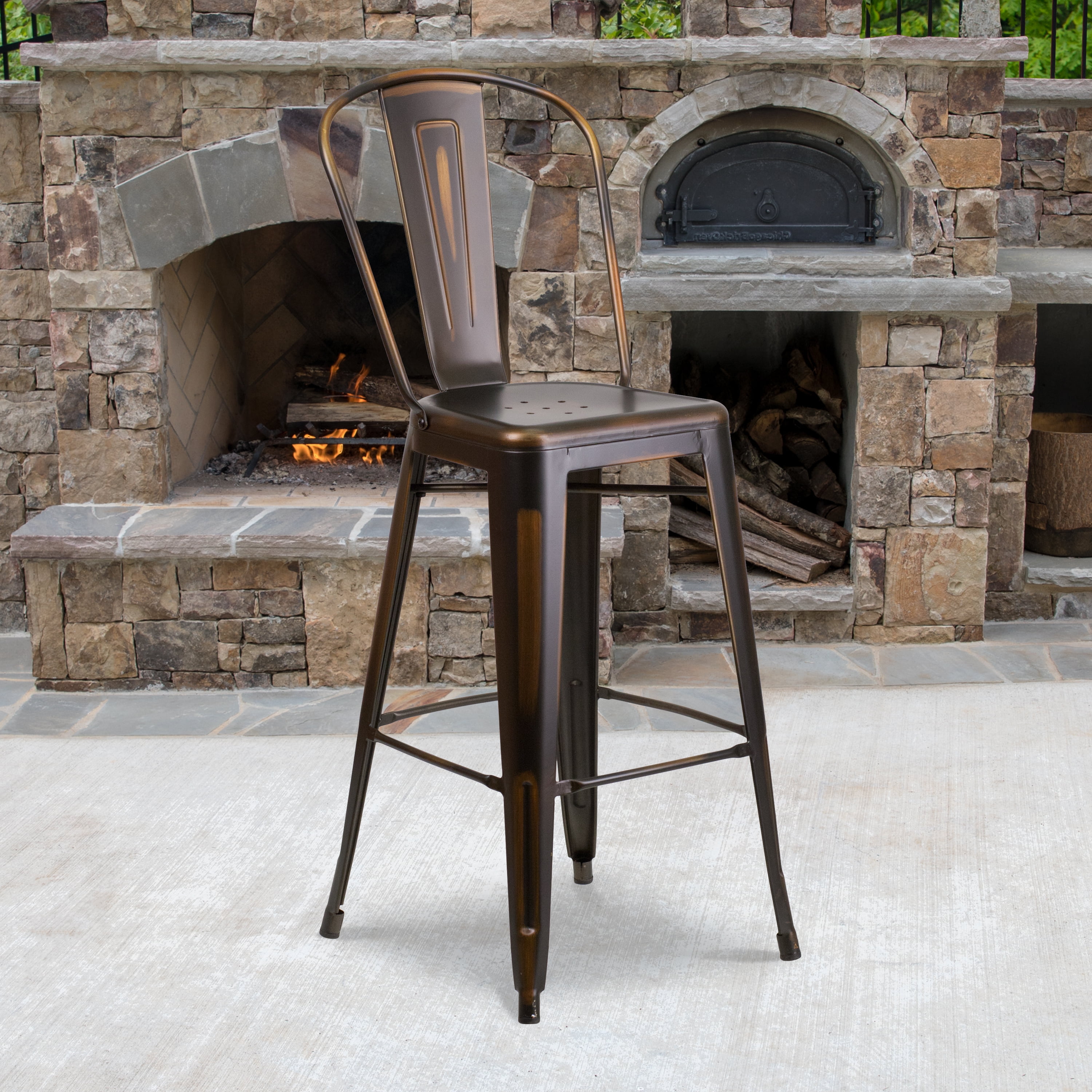 Distressed Copper Metal 30" Bar Stool with Slat Back