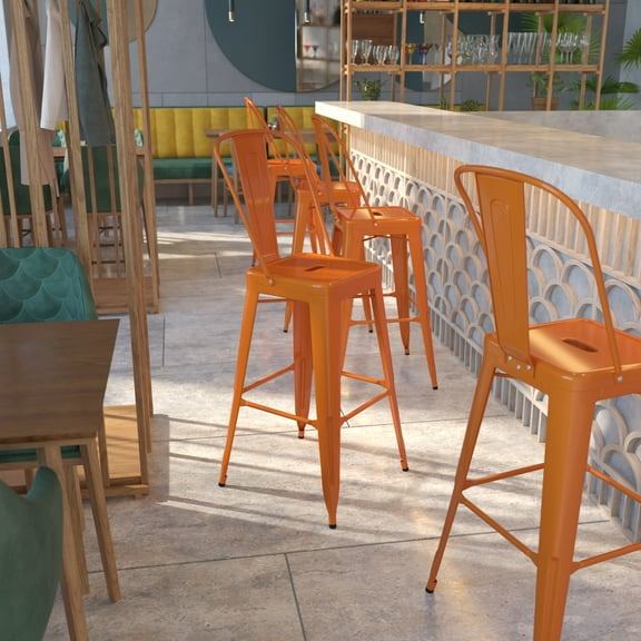 Flash Furniture Commercial Grade 30" High Orange Metal Indoor-Outdoor Barstool with Removable Back